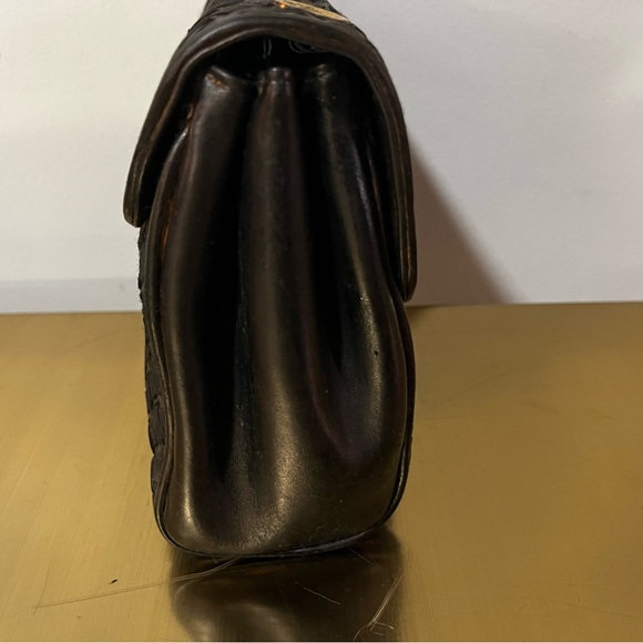 Bally Vintage Woven Leather Clutch Black Gold Turn Lock Italy
